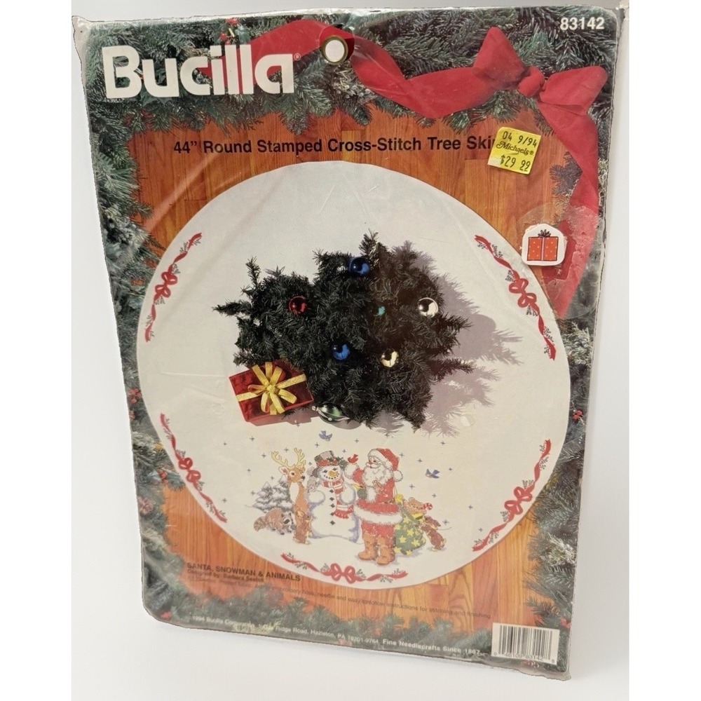Bucilla Christmas Stamped Cross Stich Tree Skirt Kit Santa NOS 83142 VTG Sealed